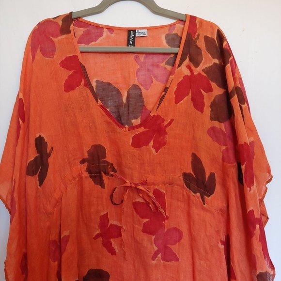 Winter Sun orange fall leaves 100% linen butterfly sleeve Medium - Picture 2 of 9